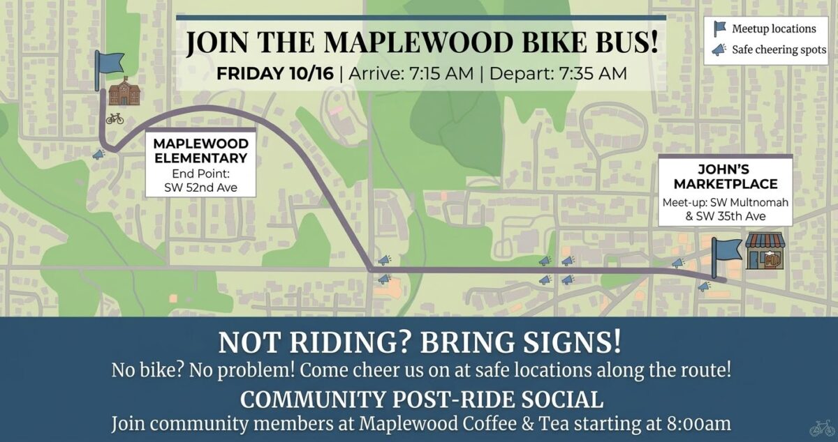 Route map for the Maplewood Bike Bus on Friday, October 16. The ride starts at John's Marketplace (SW Multnomah Blvd & SW 35th Ave), heads west along SW Multnomah Blvd, then curves north to end at Maplewood Elementary on SW 52nd Ave. Megaphone icons mark safe cheering spots along Multnomah Blvd and near the school. Arrive 7:15 AM, depart 7:35 AM. Post-ride community social at Maplewood Coffee & Tea from 8:00 AM.